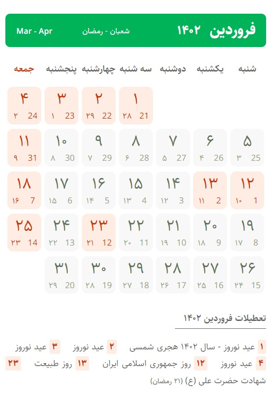 عکس تقویم ماه فروردین ۱۴۰۲